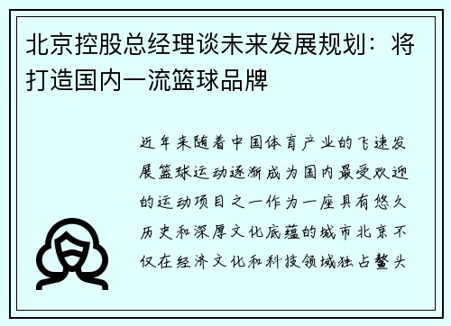 北京控股总经理谈未来发展规划：将打造国内一流篮球品牌