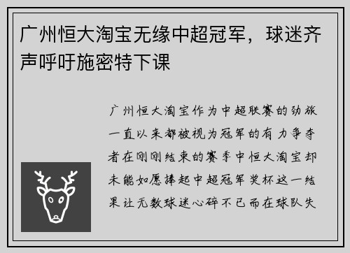 广州恒大淘宝无缘中超冠军，球迷齐声呼吁施密特下课